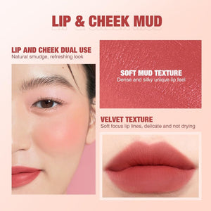 Lip and cheek mud makeup showing natural smudge on model's cheek and velvet-textured lips, soft mud texture close-up