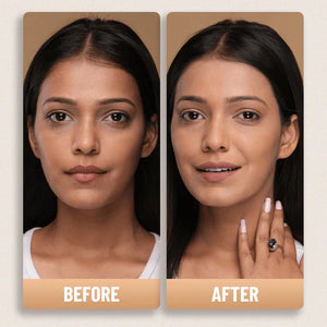 Before and after makeup application on woman with smooth skin, natural look, showcasing skincare and beauty improvement
