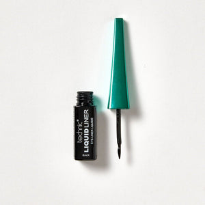 Black liquid eyeliner by Pink Flash BD, water-resistant formula shown in a sleek applicator with a precise tip.