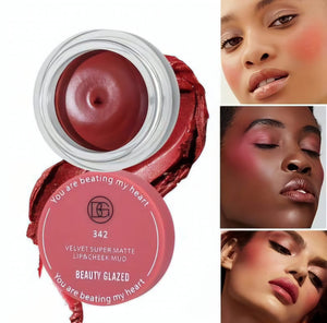 Beauty Glazed velvet supermatte lip and cheek mud shade 342 with diverse models showcasing blush and lip makeup looks