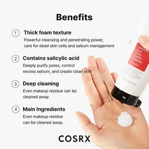 Creamy texture of COSRX Salicylic Acid cleanser transforming into a rich foam for deep pore cleaning.