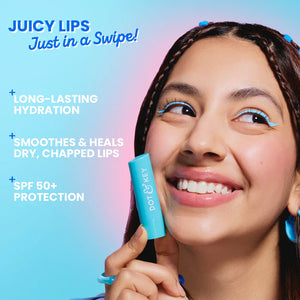 Dot & Key Barrier Repair Hydrating Tinted Lip Balm in Blueberry Bliss with SPF 50, shown on smooth lips.