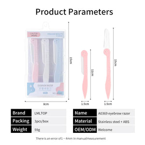 LMLTop 3pcs stainless steel eyebrow razor set in pink, featuring ergonomic handles and precision blades for eyebrow grooming.
