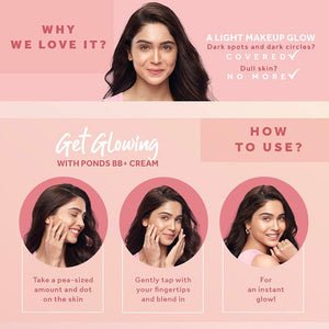 Pond’s Bright Miracle Light Foundation and BB+ Cream in Natural shade with pink flash, offering smooth, even skin coverage.