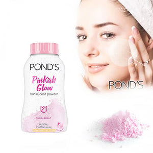 Pond’s Pinkish Glow Translucent Facial Powder in 50g, featuring a pink-tinted, oil-control, brightening compact for a radiant complexion.