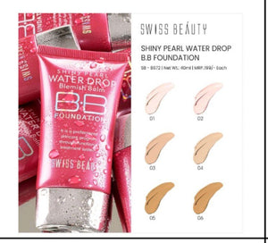 Swiss Beauty Shiny Pearl Water Drop BB Foundation tube with six skin tone swatches from light to dark