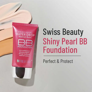 Swiss Beauty Shiny Pearl BB Foundation tube with beige foundation swatches in background, skincare and makeup