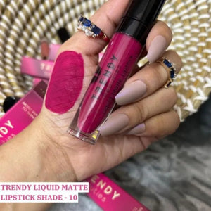Trendy Beauty Liquid Matte Lipstick #10 in Pink Flash BD, long-lasting and pigmented, shown in a sleek tube with the lipstick swatched.