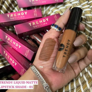 Trendy Beauties Liquid Matte Lipstick Shade #01 in Pink Flash, long-lasting and highly pigmented, shown in a sleek lipstick tube.