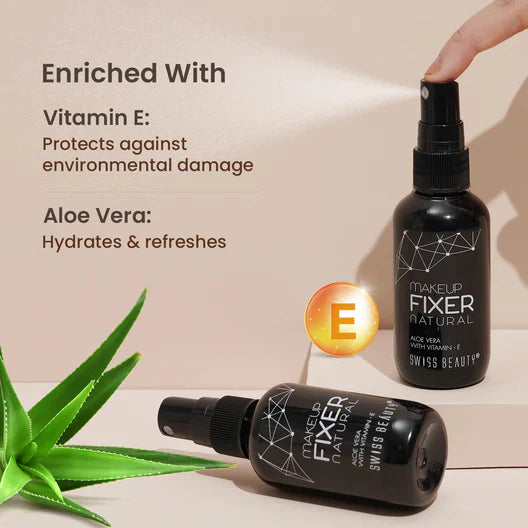 Swiss Beauty Natural Makeup Fixer with matte finish and hydrating setting spray in a pink bottle, shown in the image.