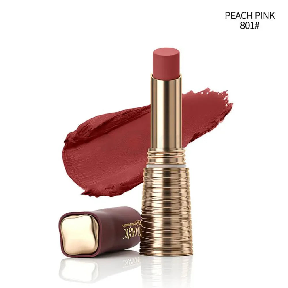 Peach pink lipstick with gold and maroon casing next to a creamy lipstick swatch