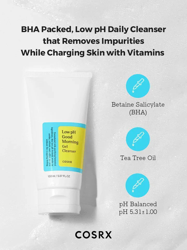 COSRX Low pH Good Morning Gel Cleanser in 150ml, with soft pink packaging, gentle facial cleanser for daily skincare.