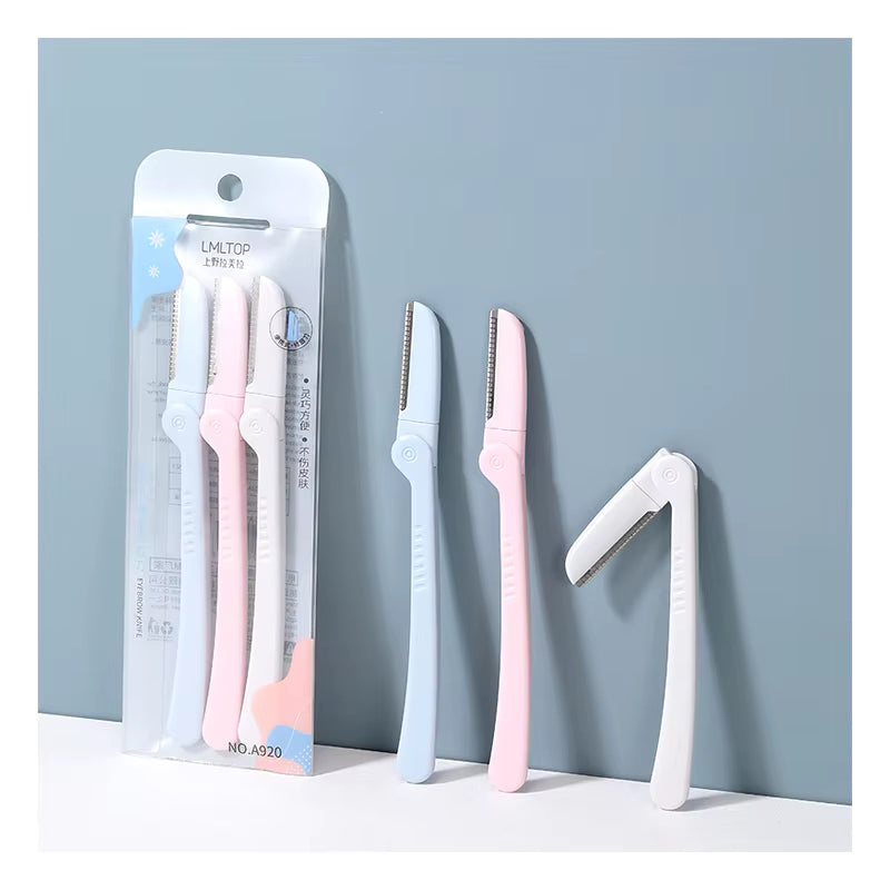 LMLTop 3pcs stainless steel eyebrow razor set in pink, showcasing sleek design and sharp blades for precise grooming.