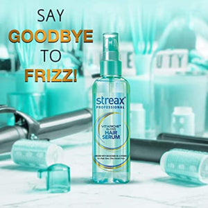 Hair serum bottle with text 'Say Goodbye to Frizz!' on a blurred background of hair care products.
