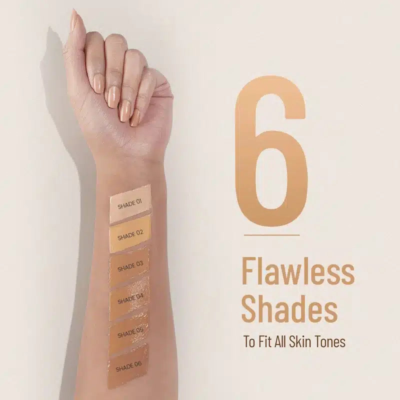 Arm swatched with six flawless foundation shades ranging from light to deep on neutral background