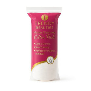 Soft pink TRENDY Beauties Master Cleansing Cotton Pads, 80pcs, gentle and plush for facial cleansing, shown in a simple, close-up image.