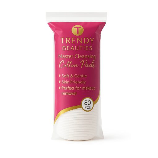 Soft pink TRENDY Beauties Master Cleansing Cotton Pads, 80pcs, gentle and plush for facial cleansing, shown in a simple, close-up image.