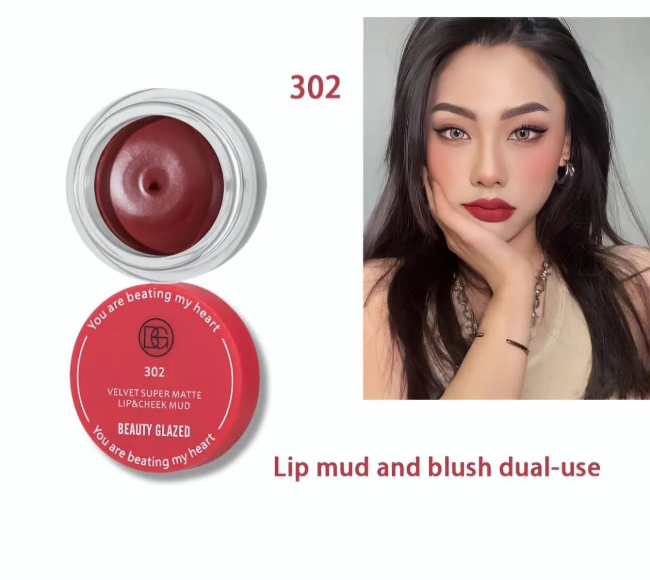 Beauty Glazed Velvet Super Matte Lip & Cheek Mud in shade 302 with a model wearing matching rose matte lipstick and blush