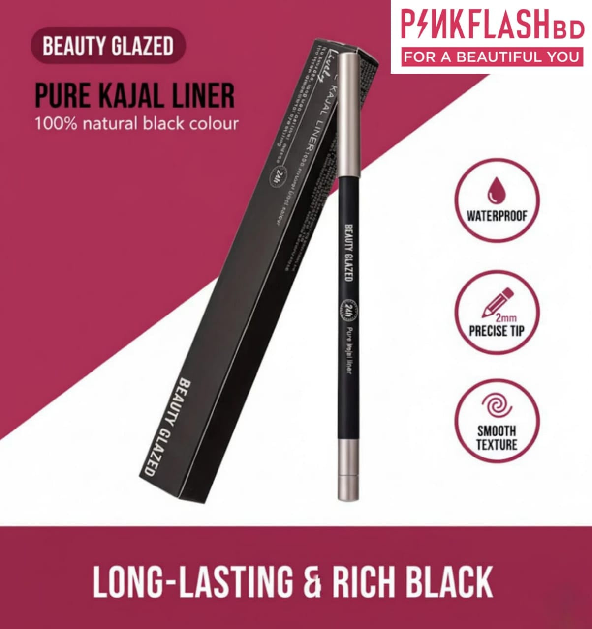 BEAUTY GLAZED 24H Pure Kajal Liner – Black - Pink Flash BD