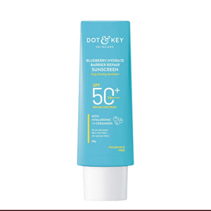 Dot & Key Blueberry Hydrate Barrier Repair Sunscreen SPF 50+ PA++++ in 80g tube, featuring blue packaging and a simple design.