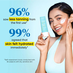 Dot & Key Blueberry Hydrate Barrier Repair Sunscreen SPF 50+ PA++++ in 80g, showing the simple packaging and blue and white design.