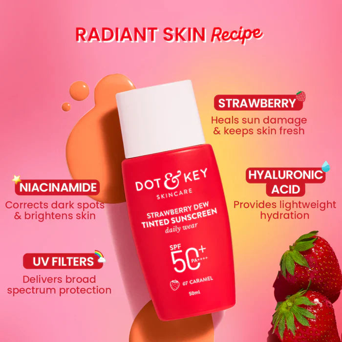 Dot & Key Strawberry Dew Tinted Sunscreen SPF 50+ PA++++ | Shade 01 Porcelain | Pink Flash BD - Pink Flash BD