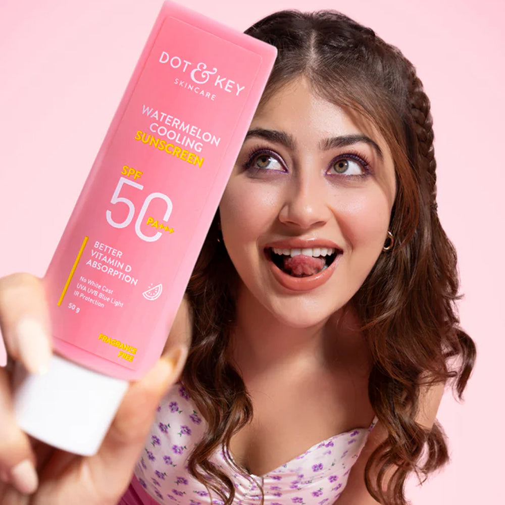 Dot & Key Watermelon Cooling Sunscreen SPF 50+ PA+++ in 80g, featuring pink packaging and a refreshing watermelon formula.