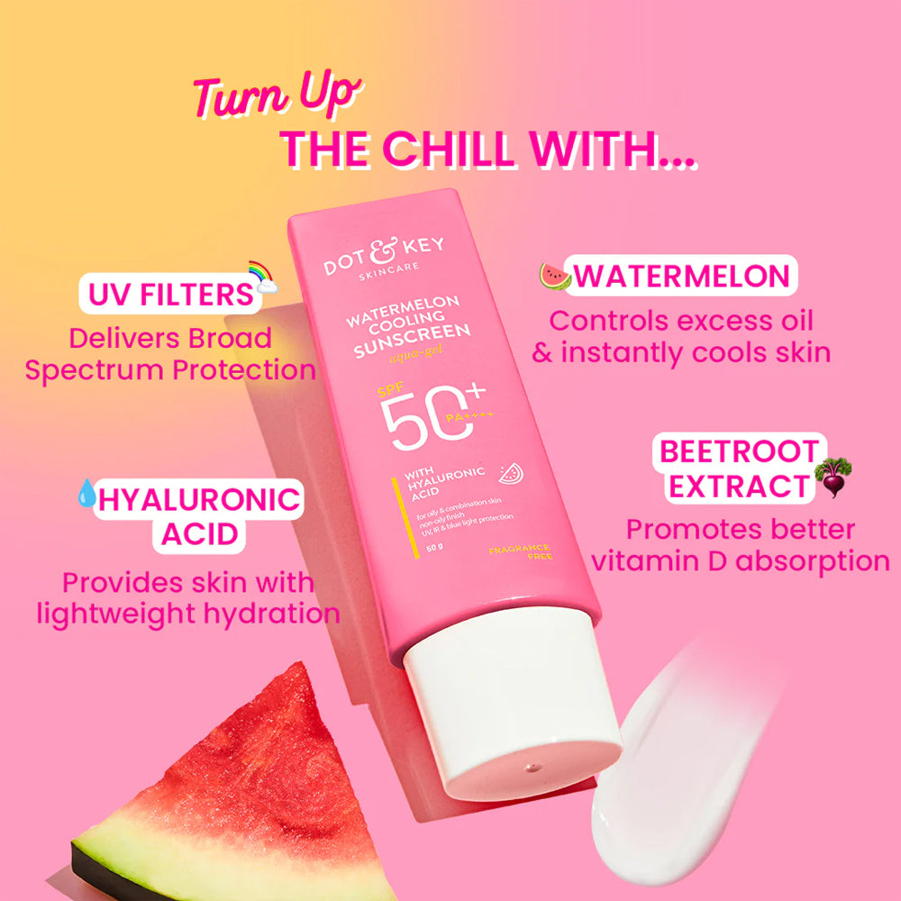 Dot & Key Watermelon Cooling Sunscreen SPF 50+ PA+++ in 80g, featuring a lightweight, hydrating formula with watermelon extract.