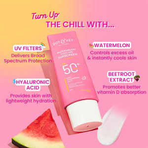 Dot & Key Watermelon Cooling Sunscreen SPF 50+ PA+++ in 80g, featuring a lightweight, hydrating formula with watermelon extract.