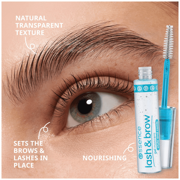 Close-up of the fiber brush applicator and transparent gel formula of Essence Lash & Brow Gel Mascara.