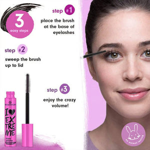Dramatic lash transformation showing extreme thickness and deep black color using Essence I Love Extreme.