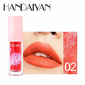 Handaiyan Water Lip Tint 02 in vibrant coral shade with close-up of lips showing smooth matte finish