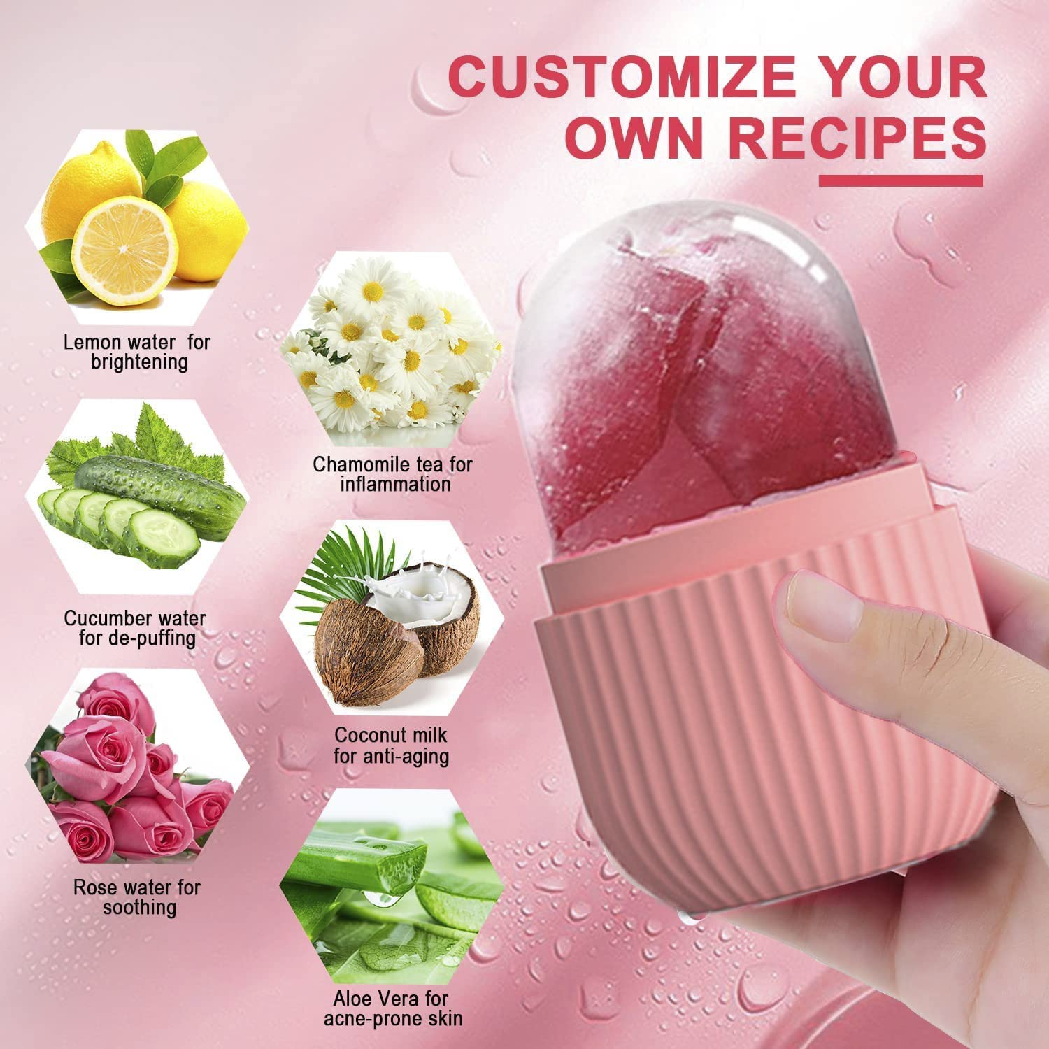 Ice Facial Roller filled with rose petals and lemon slices for customized skincare therapy.