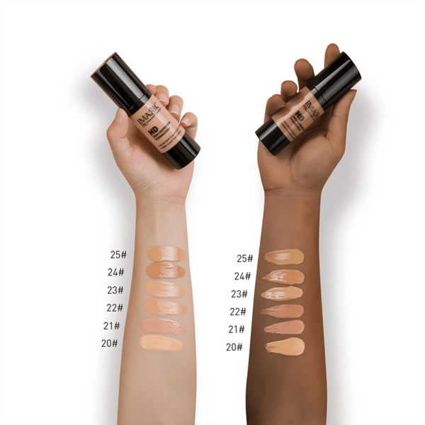 Skin swatch of IMAGIC HD Foundation Shade 25 showing a medium-tan tone with warm yellow undertones.