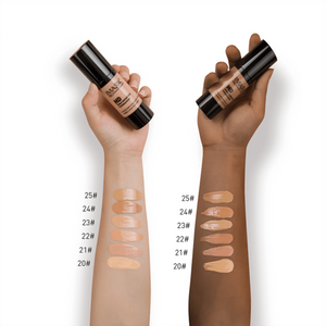 Skin swatch of IMAGIC HD Foundation Shade 25 showing a medium-tan tone with warm yellow undertones.