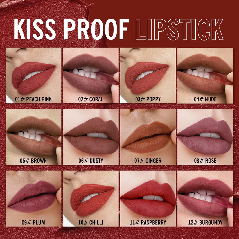 Kiss proof lipstick shades swatch on lips in 12 colors including Peach Pink, Coral, Poppy, Nude, Brown, Dusty, Ginger, Rose, Plum, Chilli, Raspberry, Burgundy