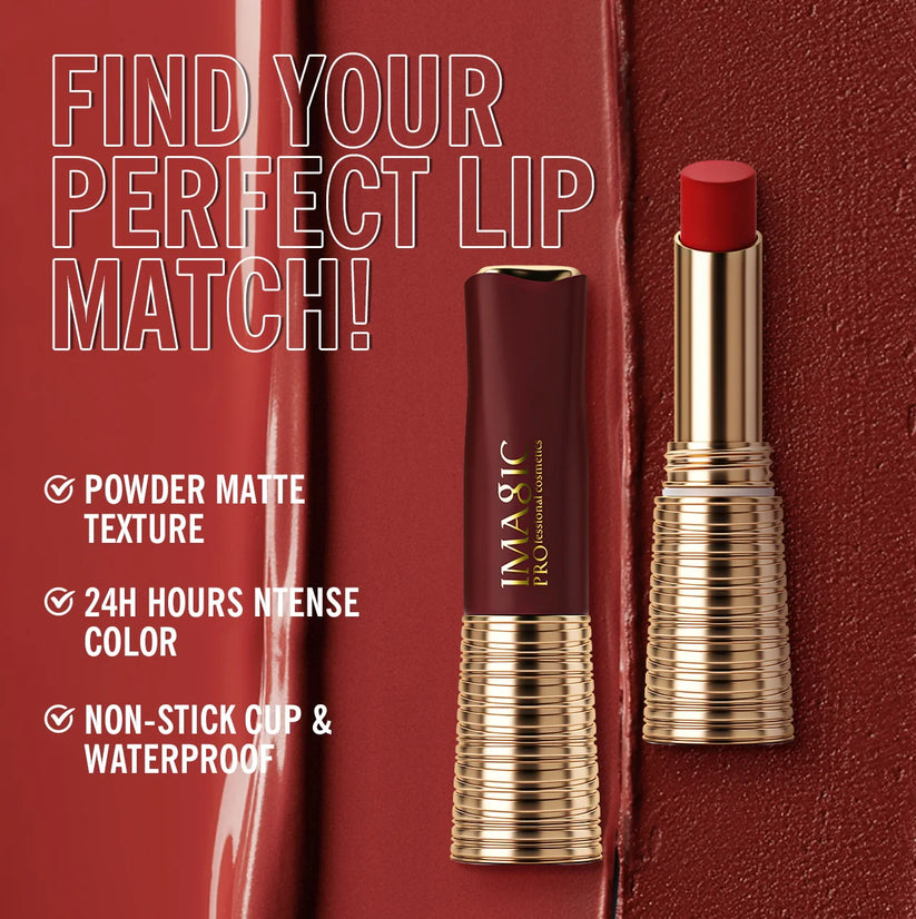 IMAGIC red lipstick with gold and maroon casing on matte red background, powder matte, 24H intense color, waterproof