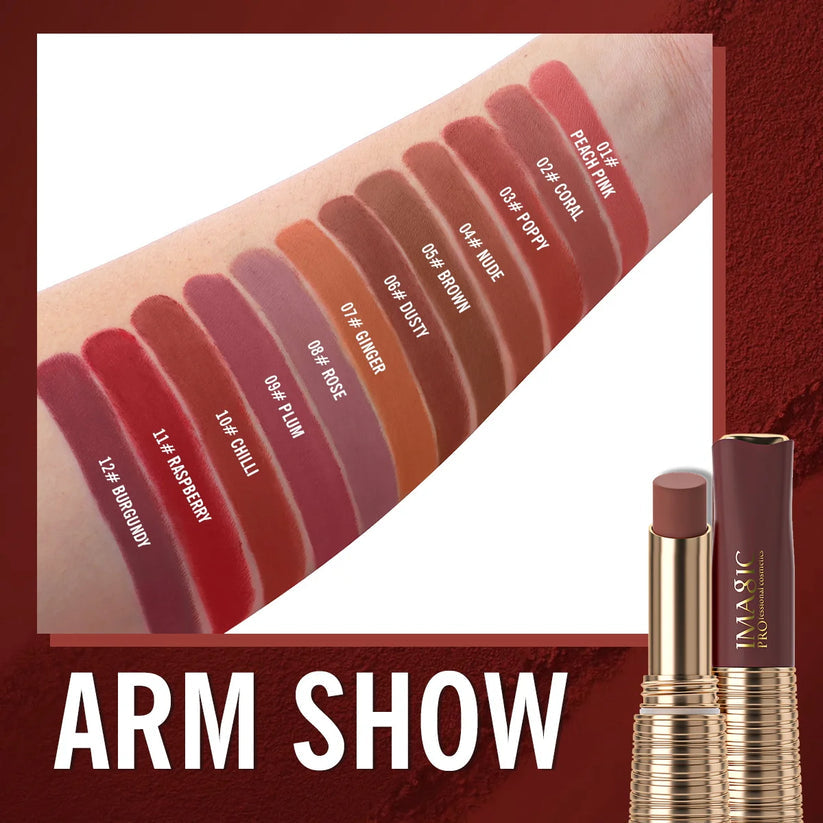 Imagic bullet lipstick shades swatched on arm from peach pink to burgundy, showcasing diverse makeup colors