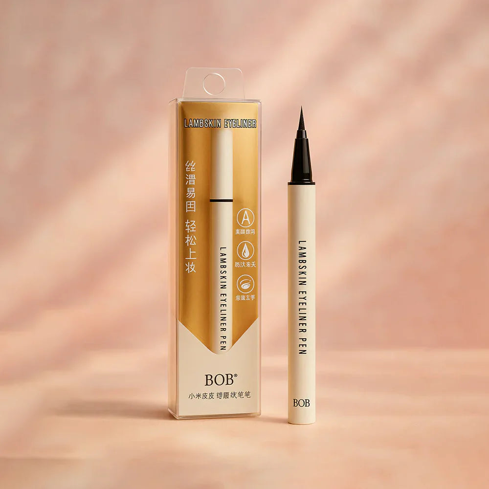 BOB Lambskin Eyeliner Pen with packaging on a soft pink background, liquid eyeliner makeup product