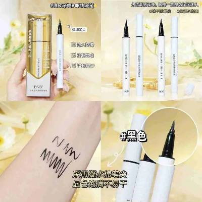 Pink Flash BD black liquid eyeliner pen with fine tip, smooth application, and long-lasting formula shown in packaging and swatches on skin
