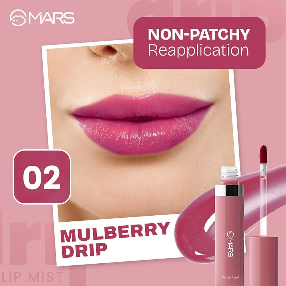 MARS Drip Lip Mist Shade 02 Mulberry Drip - Deep Berry Glossy Lip Tint - Pink Flash BD