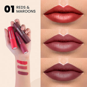 Swatches of three deep red and bold maroon shades from MARS Matte Lipstick Box Set 01 showing a velvet matte finish.