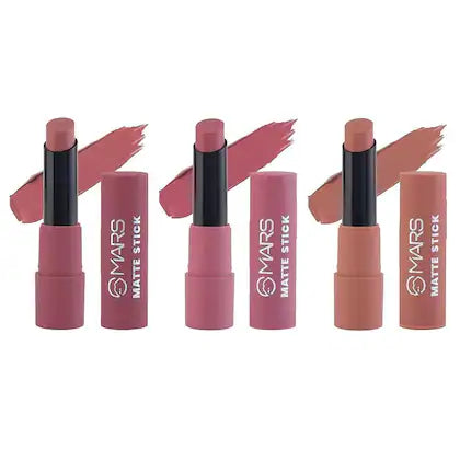 Swatches of three soft peach and neutral nude shades from MARS Matte Lipstick Box Set 02 showing a velvet matte finish.