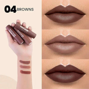 Swatches of three rich brown shades from MARS Matte Lipstick Box Set 04 showing a transfer-proof liquid matte finish.