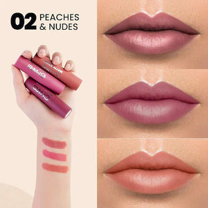 Swatches of three soft peach and neutral nude shades from MARS Matte Lipstick Box Set 02 showing a velvet matte finish. 