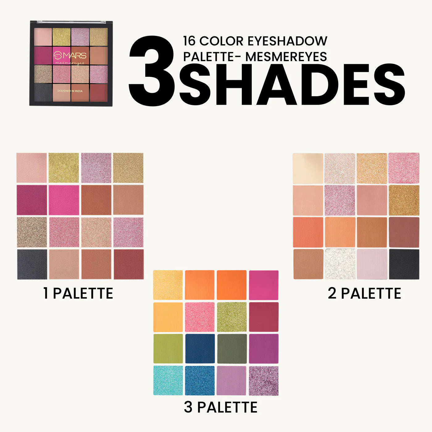High-pigment swatches of MARS Mesmereyes Shades showing buttery mattes and intense metallic shimmers