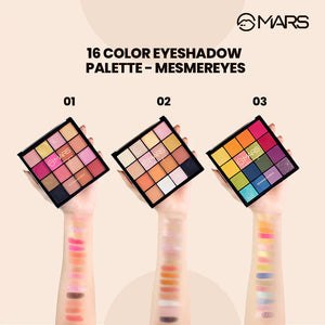 High-pigment swatches of MARS Mesmereyes Shades buttery mattes and intense metallic shimmers.