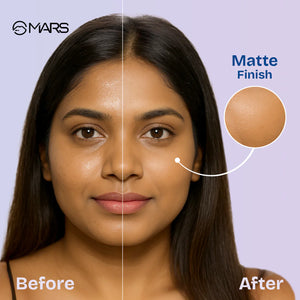 Side-by-side comparison showing instant shine removal and poreless matte finish using MARS Oil Blotter Gel Compact.
