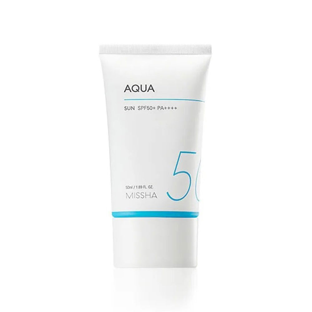 Missha Aqua Sun Gel SPF50+ PA++++ in 50ml tube, featuring a lightweight, hydrating sunscreen with a pink hue.
