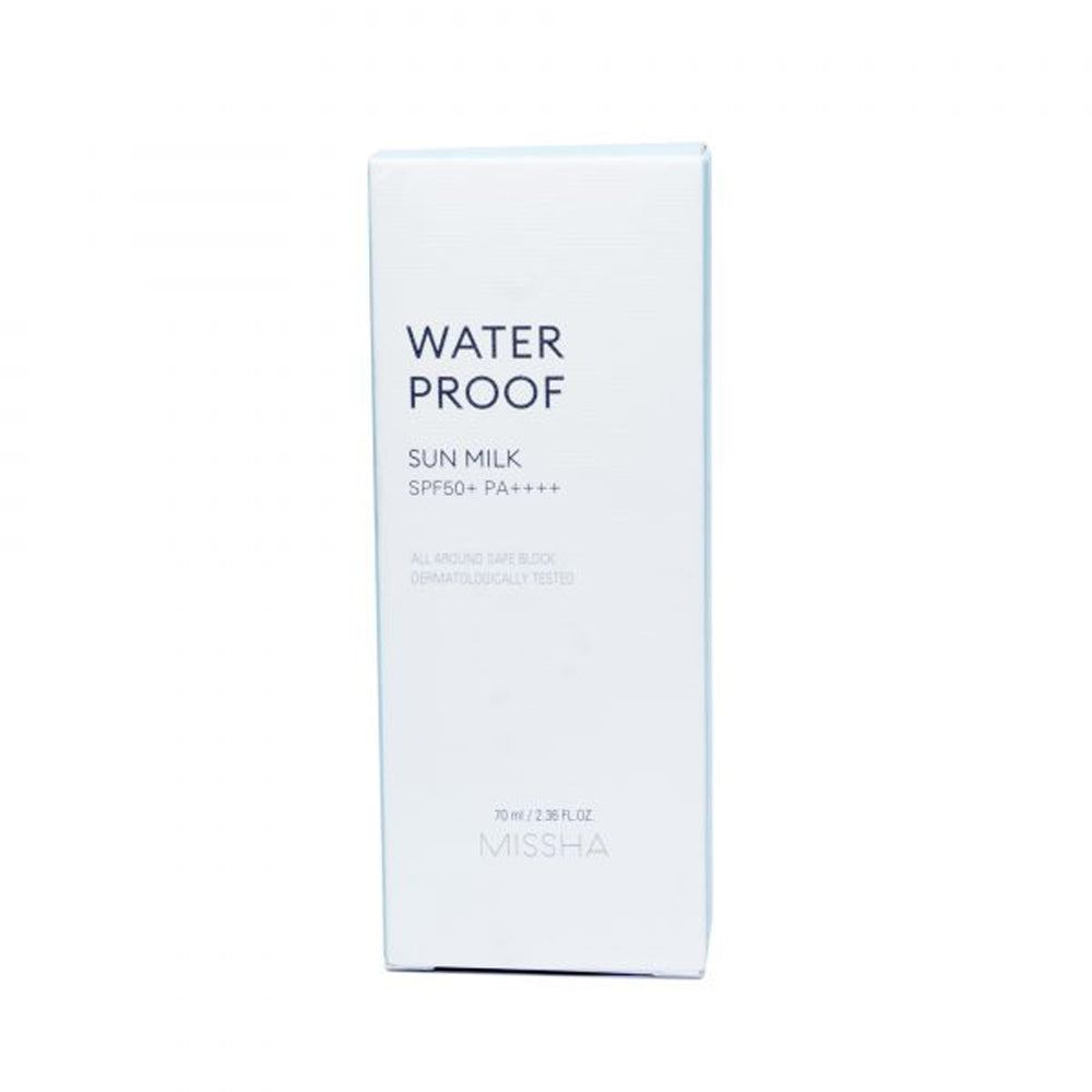 Missha Waterproof Sun Milk SPF50+ PA++++ in a 70ml bottle, featuring a simple design with pink accents.